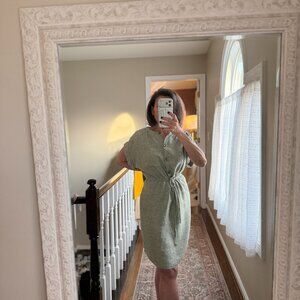 Linen Dress, Green Drawstring Waist, Large 12-14, Pockets, Casual